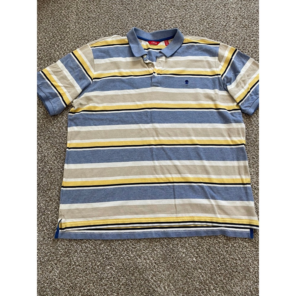 IZOD Mens 2XLT Polo Shirt Blue Yellow Striped Short Sleeve